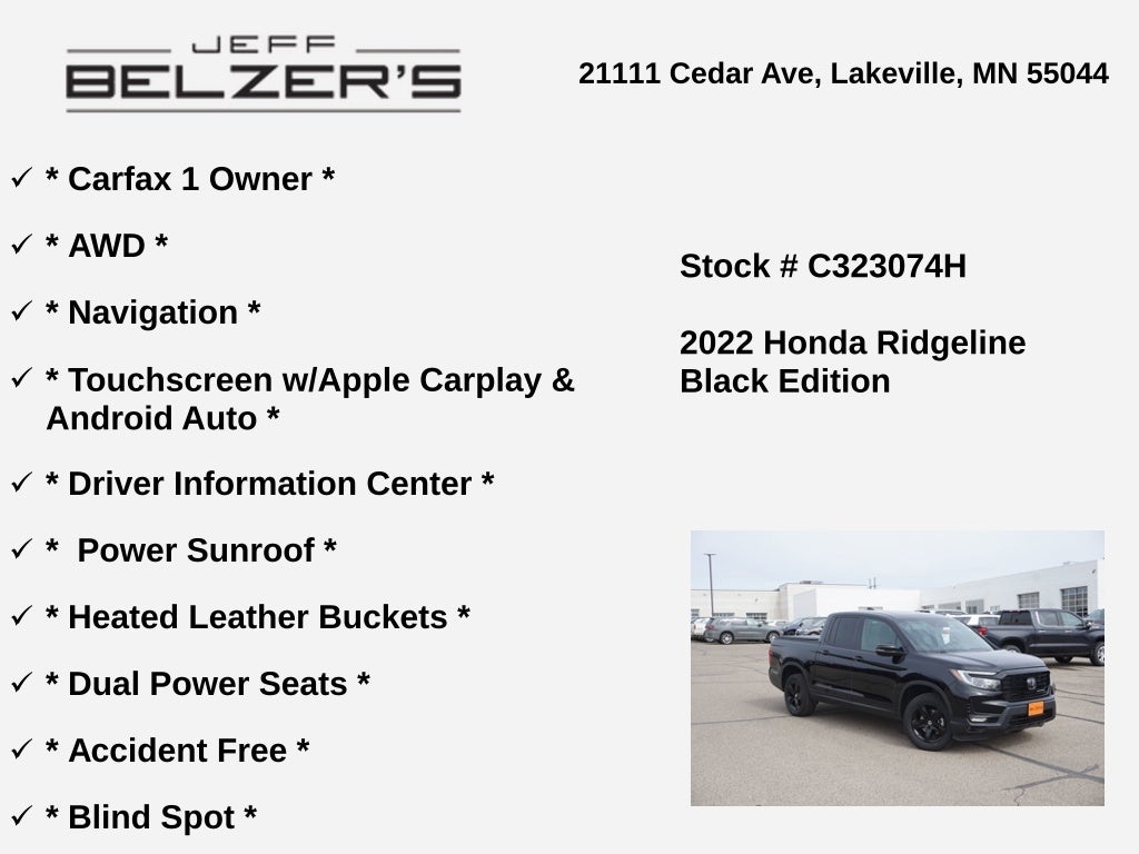 Used 2022 Honda Ridgeline Black Edition with VIN 5FPYK3F80NB028957 for sale in Lakeville, Minnesota